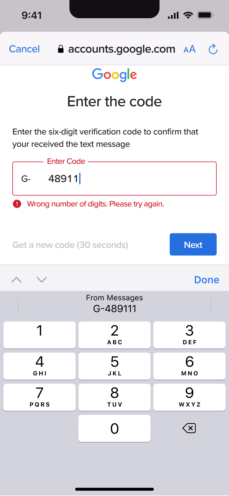 Wrong number of digits error.