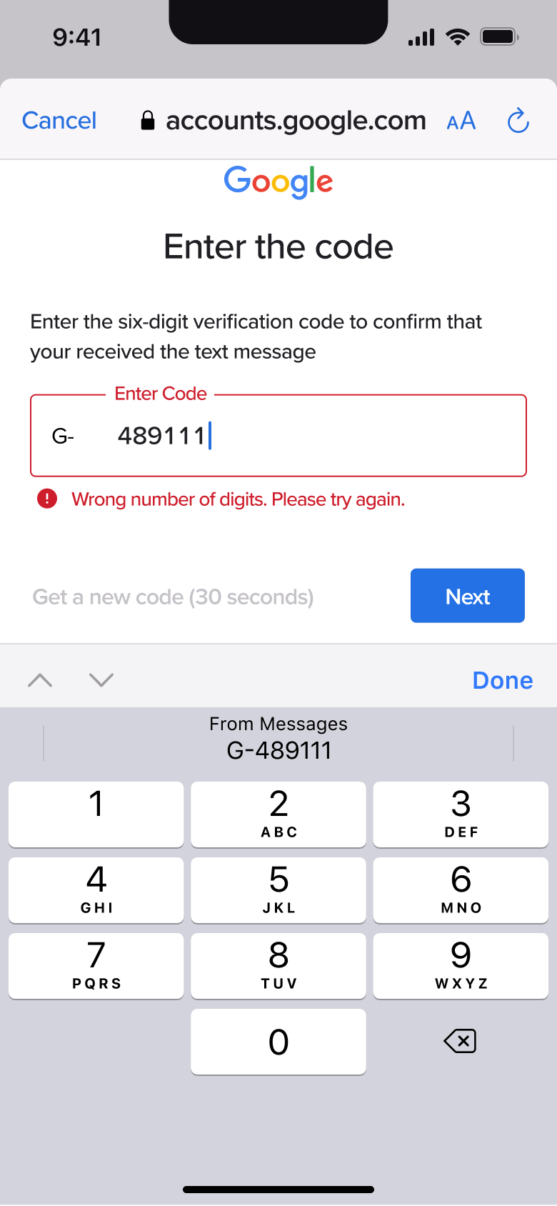 Code entered still showing error.