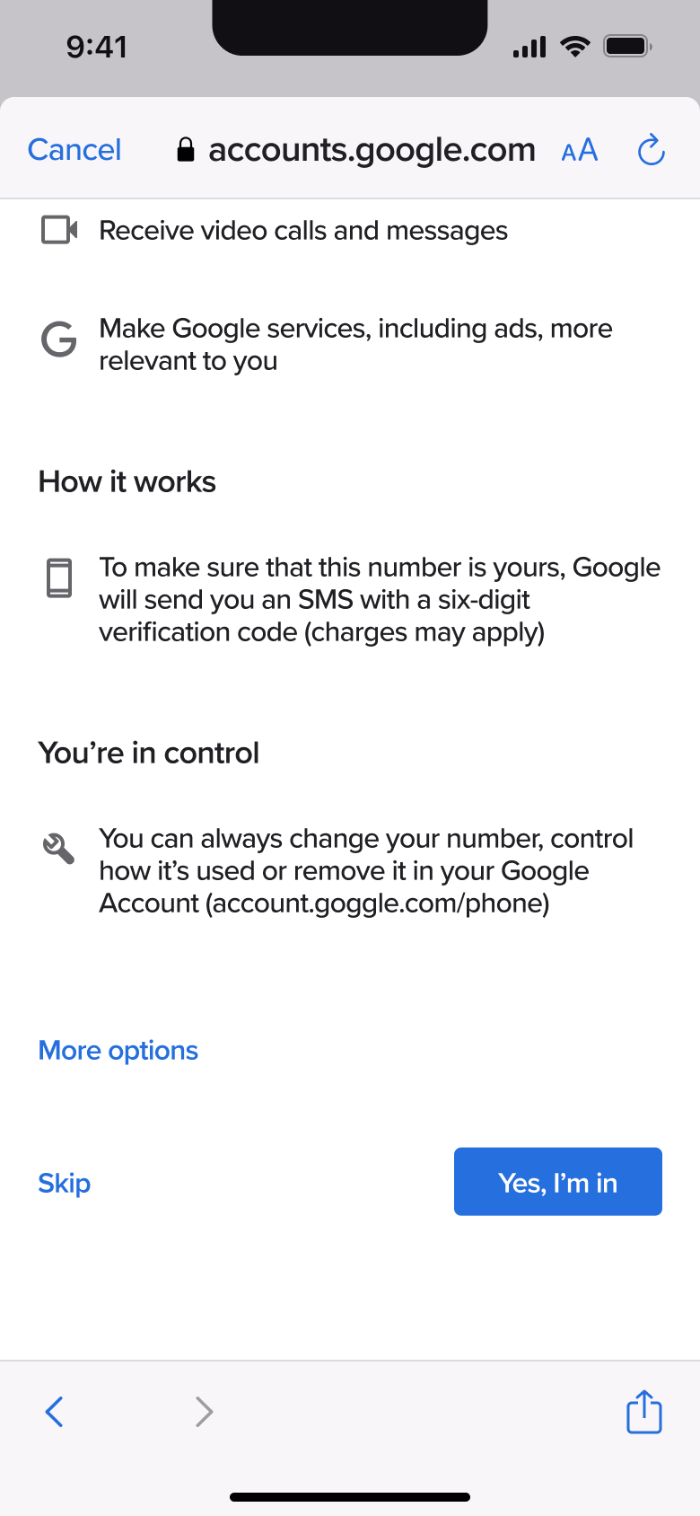 Add phone number scrolled: how it works, skip or yes I'm in.