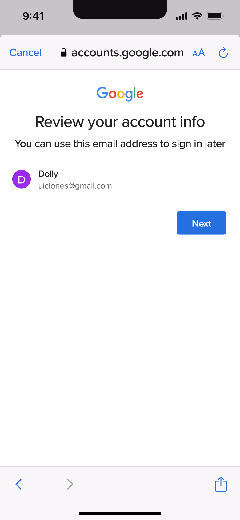 Review your account info: email to sign in with.