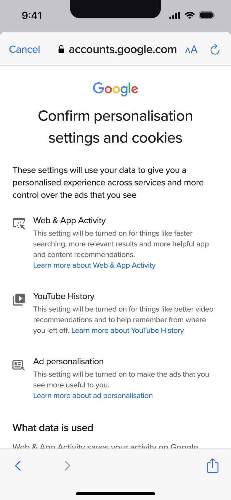 Confirm personalisation settings and cookies: activity and ad settings.