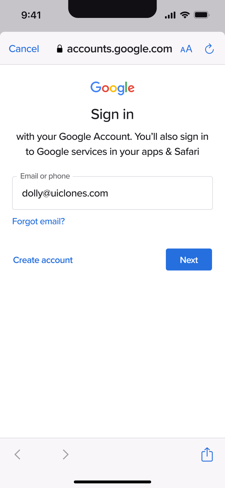 Sign in with email entered and next.