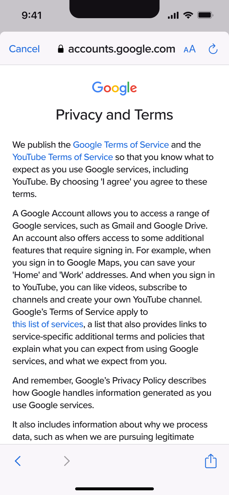 Privacy and terms summary.