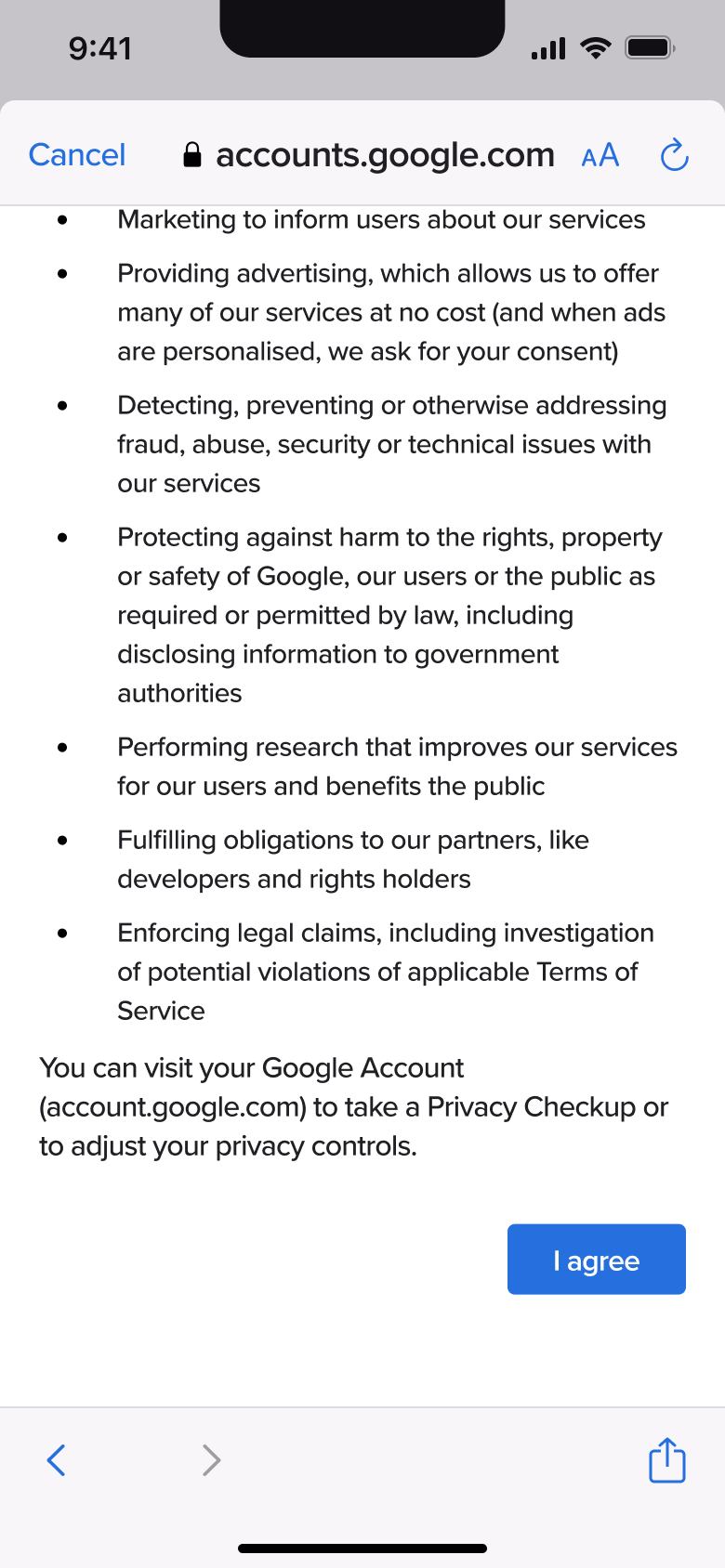 Privacy and terms scrolled with I agree.