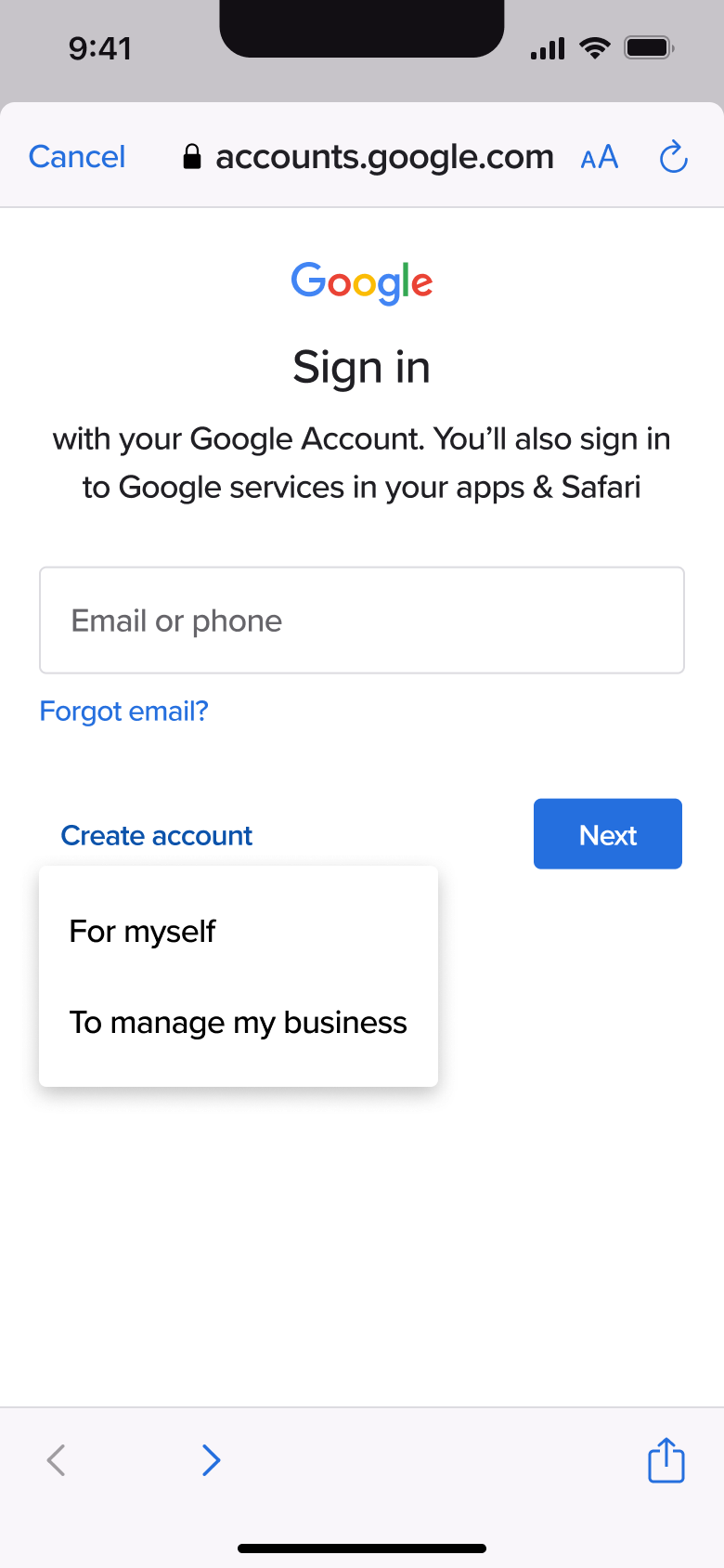 Create account menu: for myself or to manage my business.