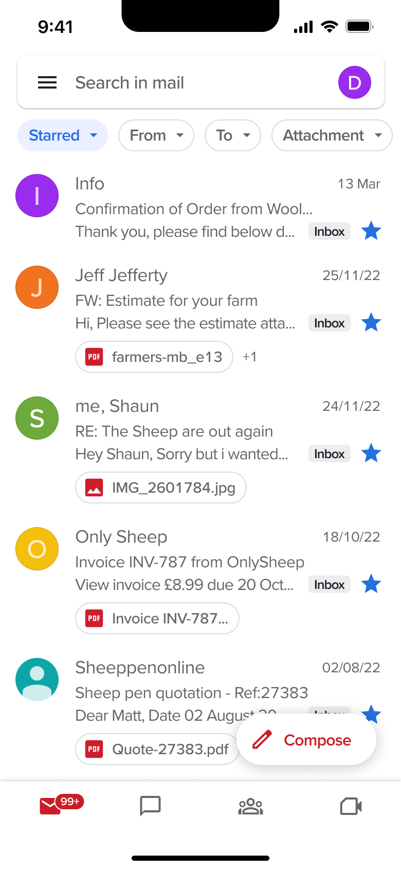 Starred folder with many starred emails.