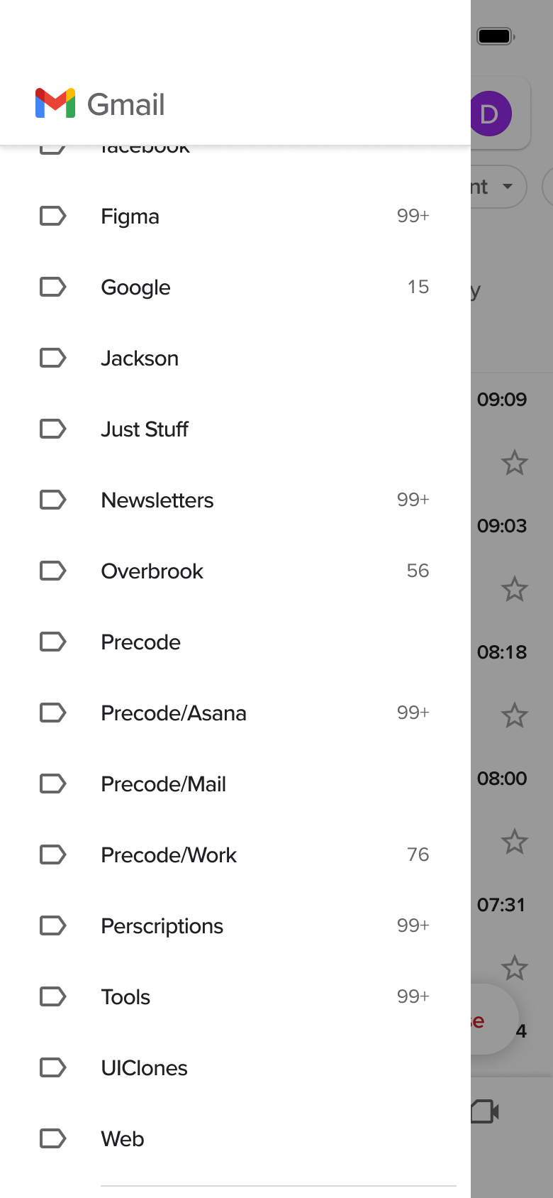 Side menu scrolled through many custom labels.