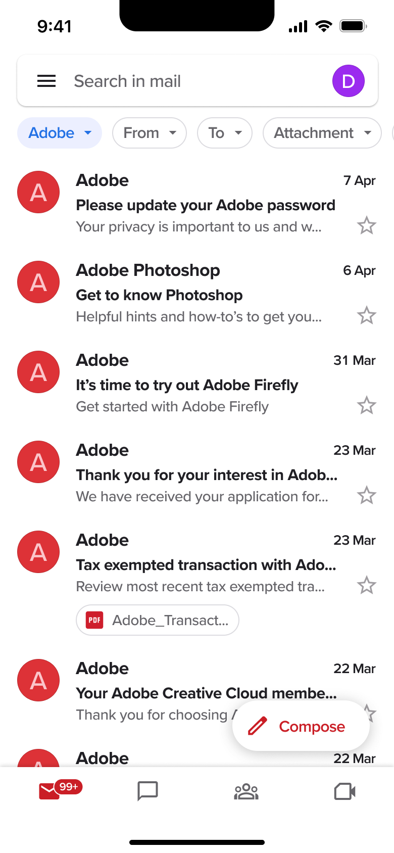 Label folder showing emails from one sender.