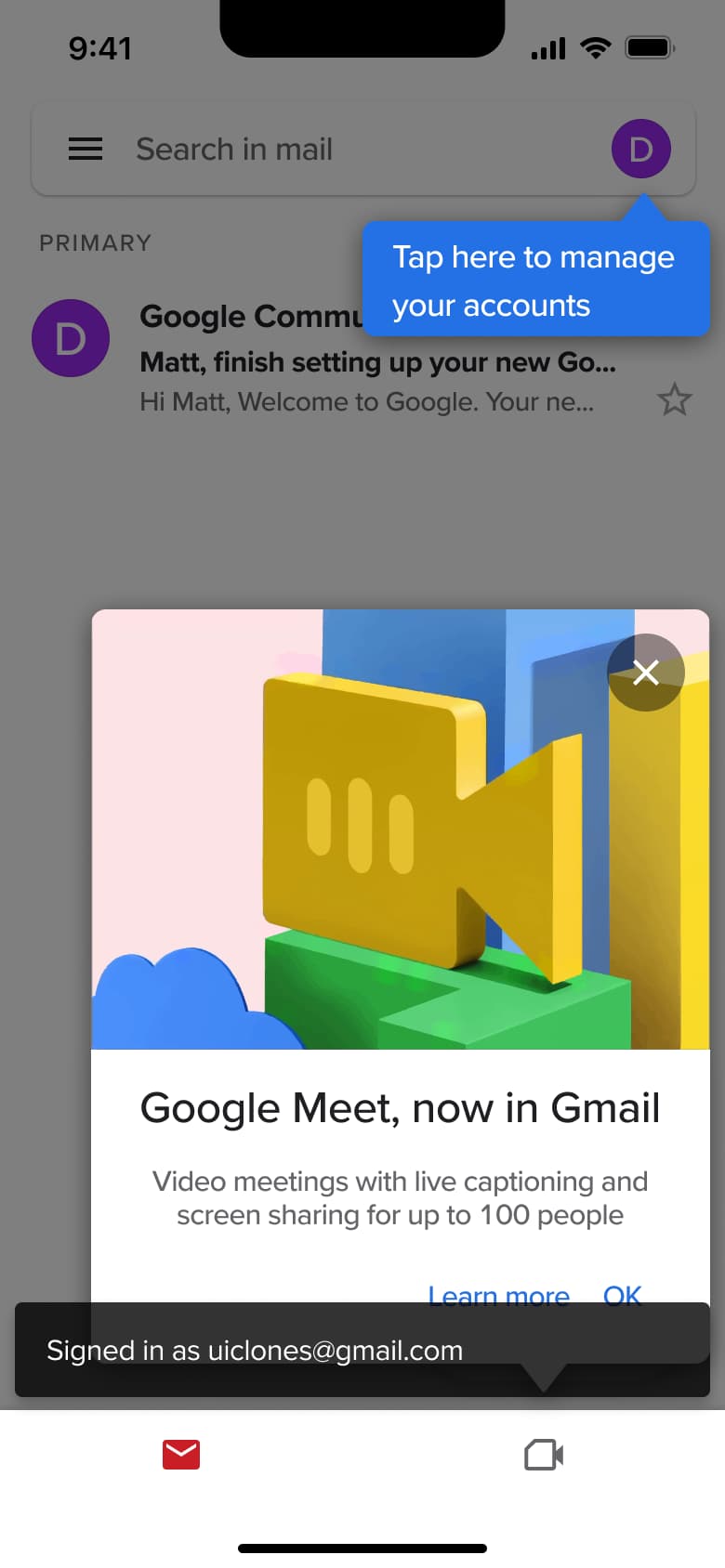 Inbox with feature dialog, account tooltip and signed in toast.