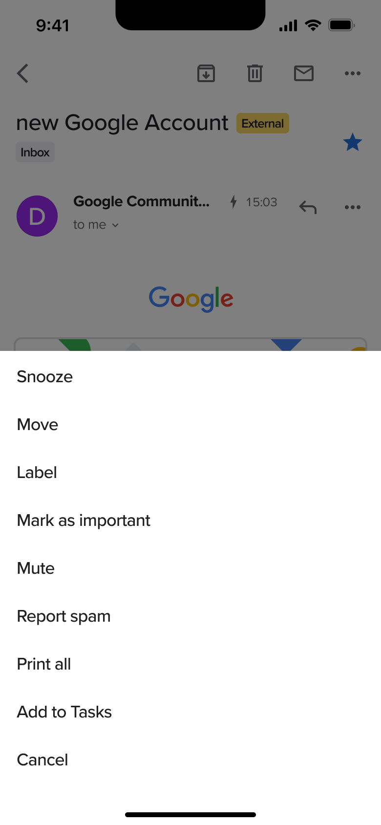 Email actions sheet: snooze, move, label, important, mute, spam, print, tasks.