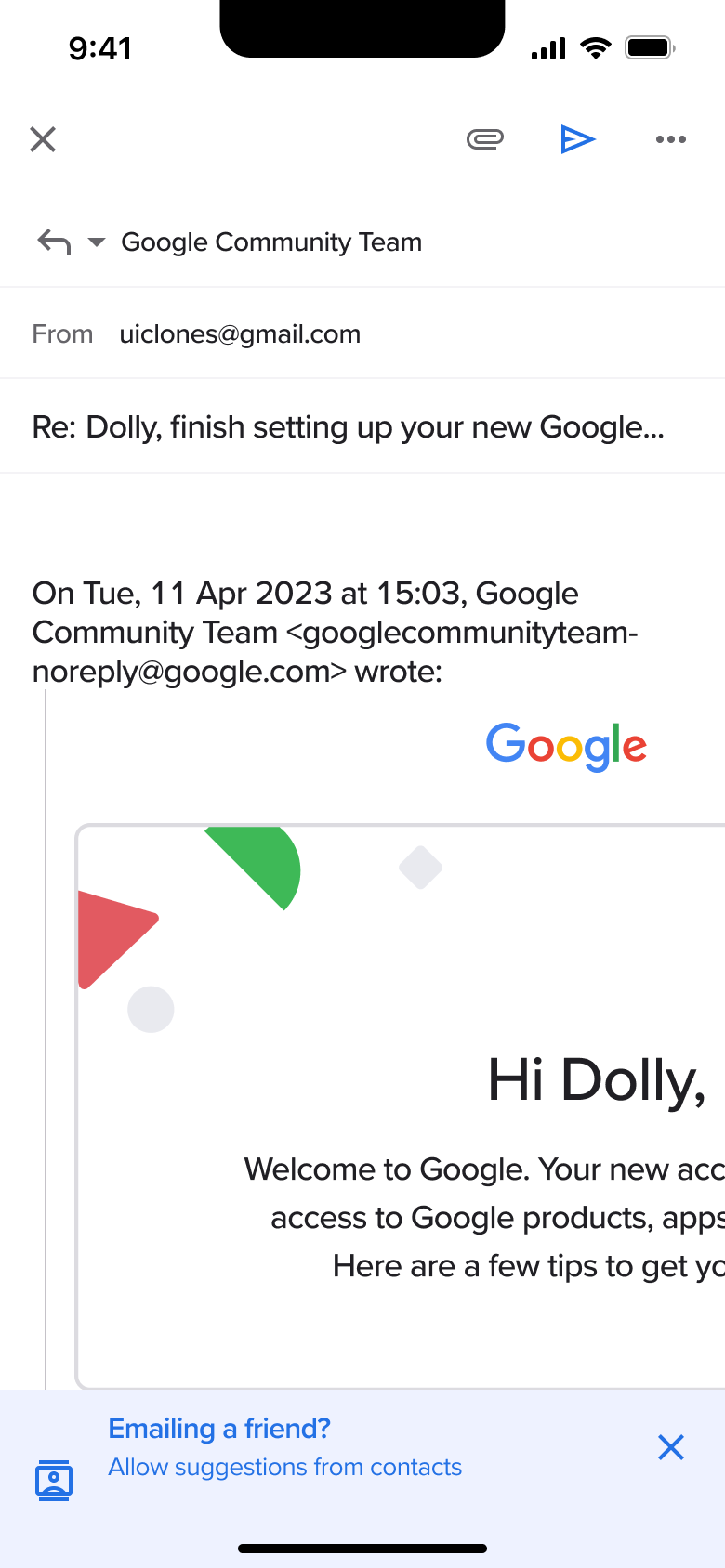 Reply composer with quoted email and contacts suggestion banner.