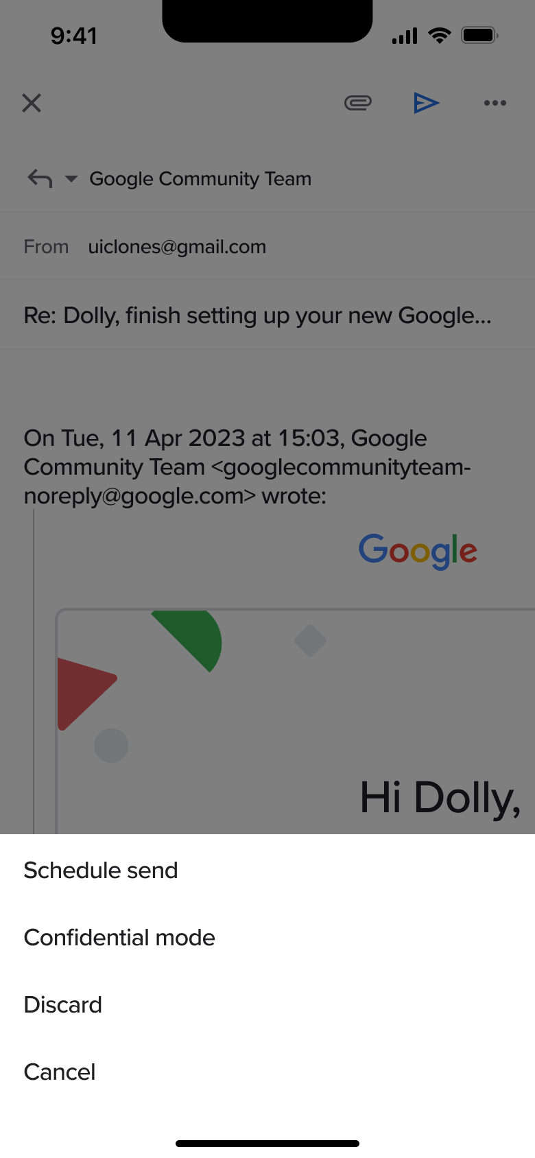 Reply more: schedule send, confidential mode, discard.