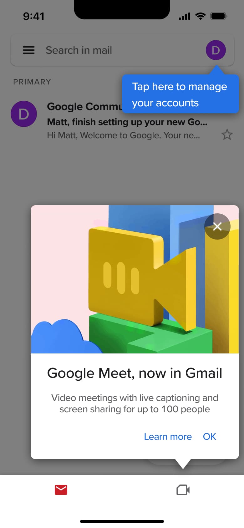 Inbox with feature dialog and account tooltip.