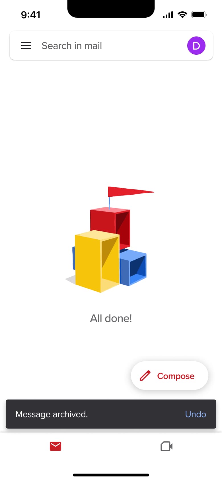 Inbox all done with message archived toast and undo.