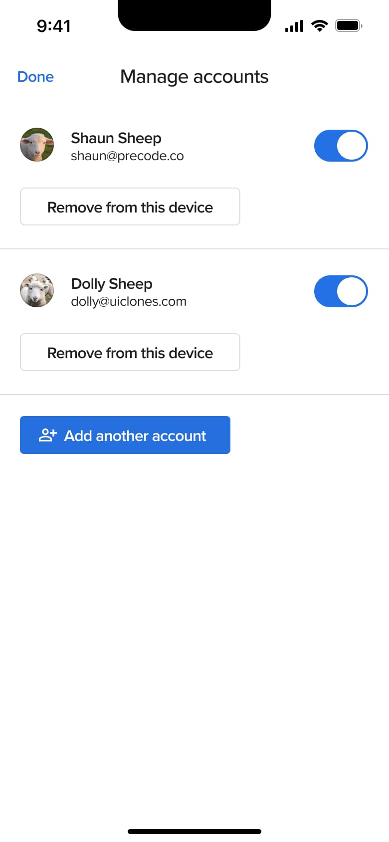 Manage accounts: two accounts with toggles, remove and add another account.