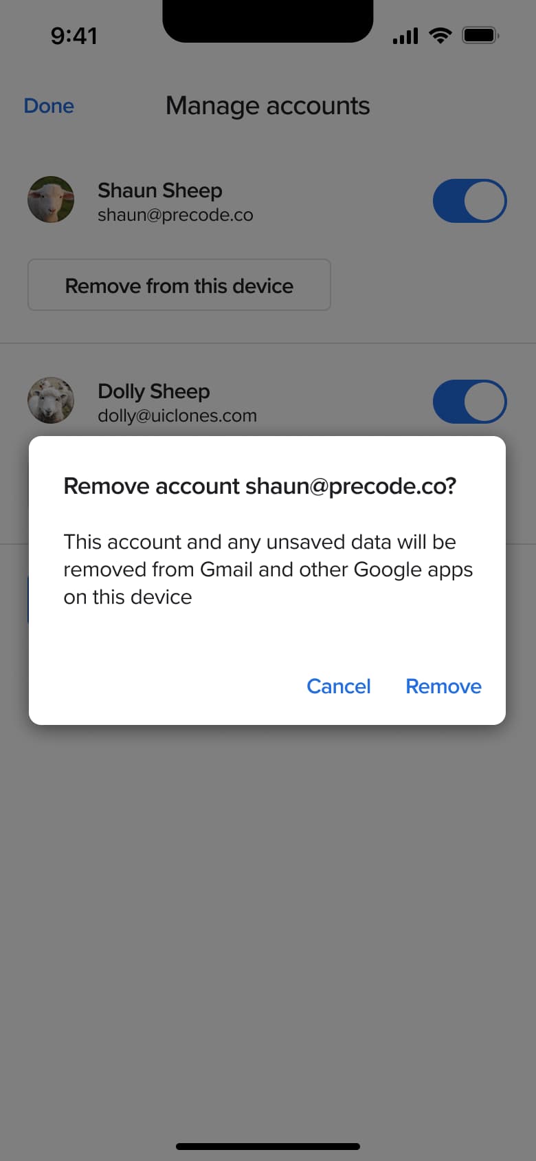 Remove account dialog warning about unsaved data.
