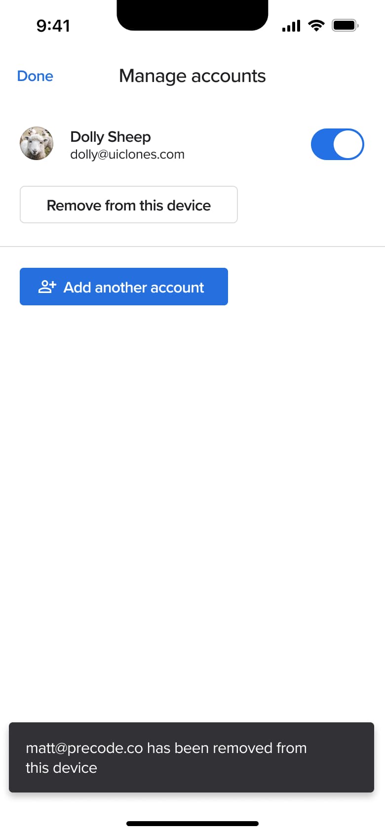 Manage accounts with account removed toast.