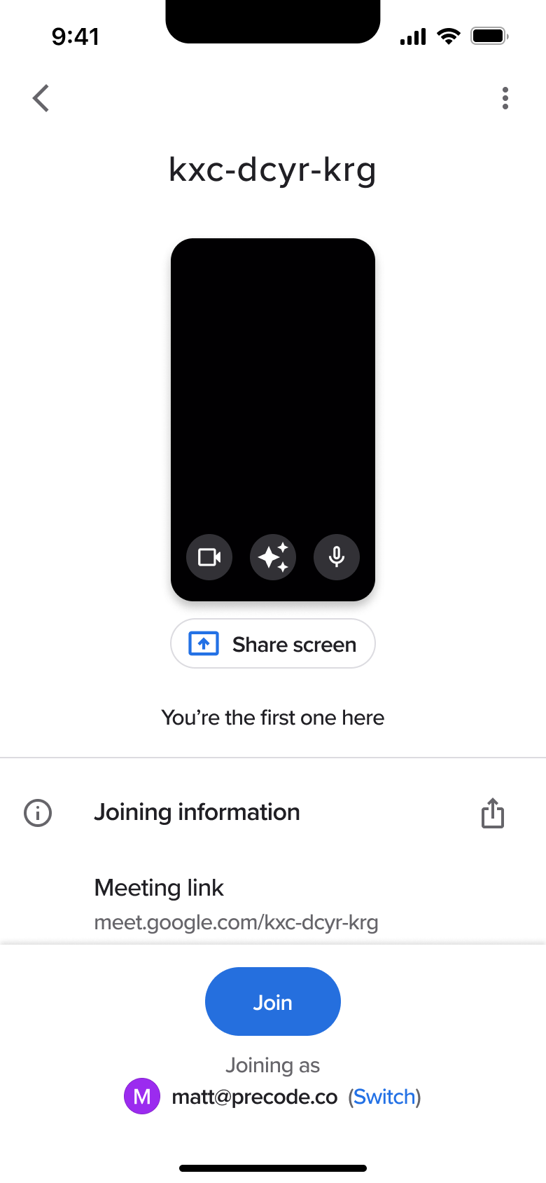 Meeting preview: camera off, share screen and joining information.