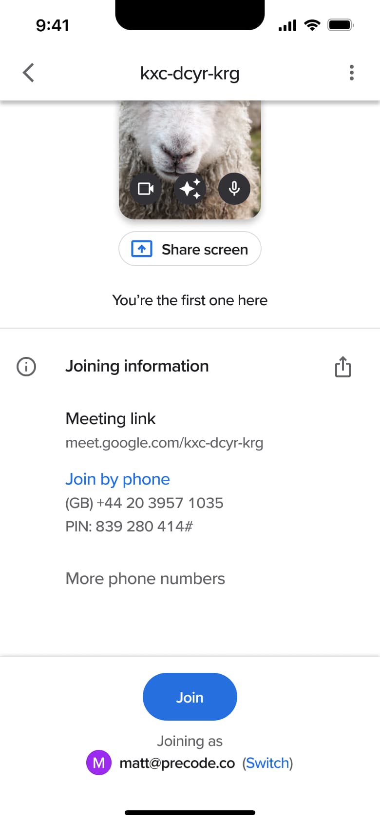 Meeting preview scrolled: joining info and phone numbers.