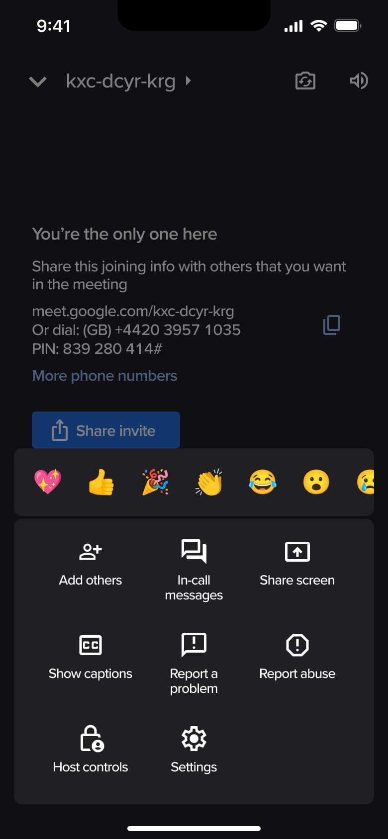 In-call more sheet: reactions, add others, messages, captions and settings.