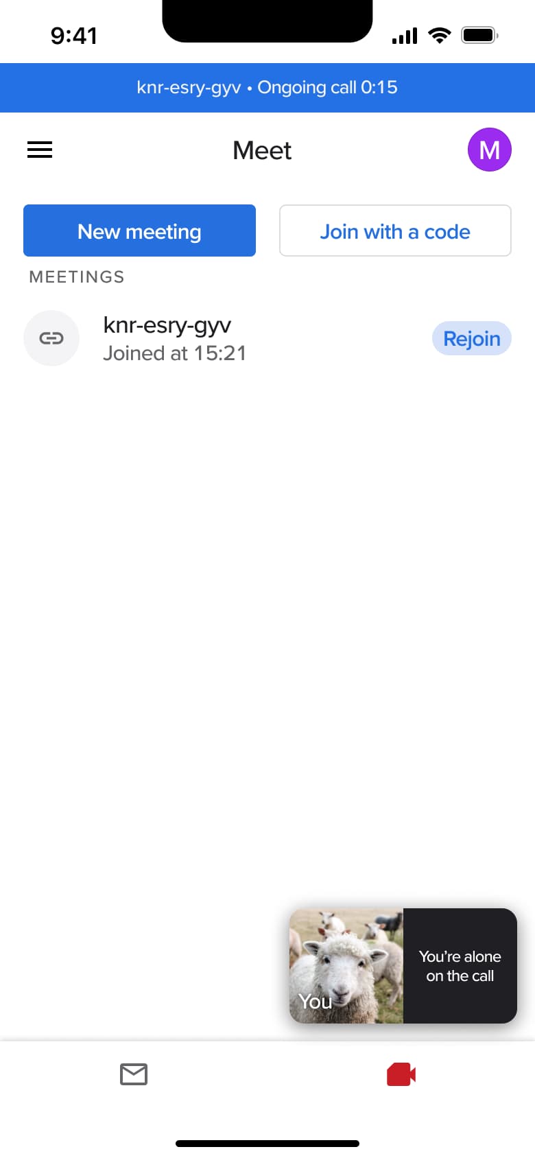 Meet tab with ongoing call banner and rejoin.