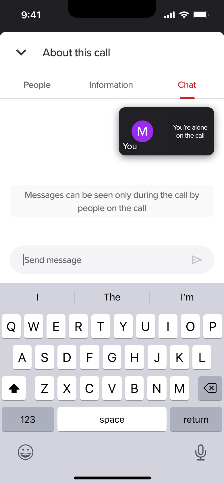 About this call: chat tab with send message.