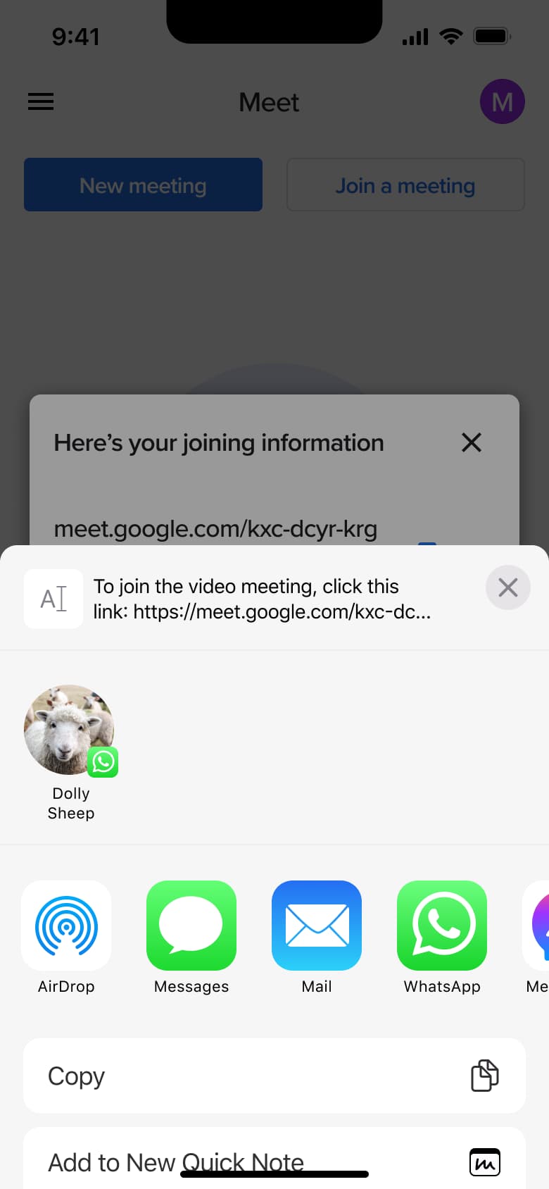Share sheet for meeting invite.