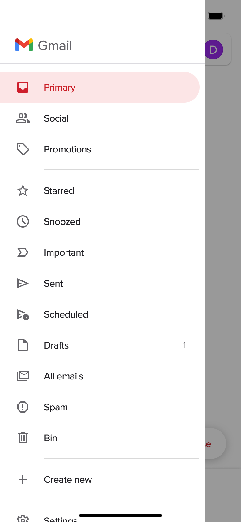 Side menu with Primary folder selected and folder list.