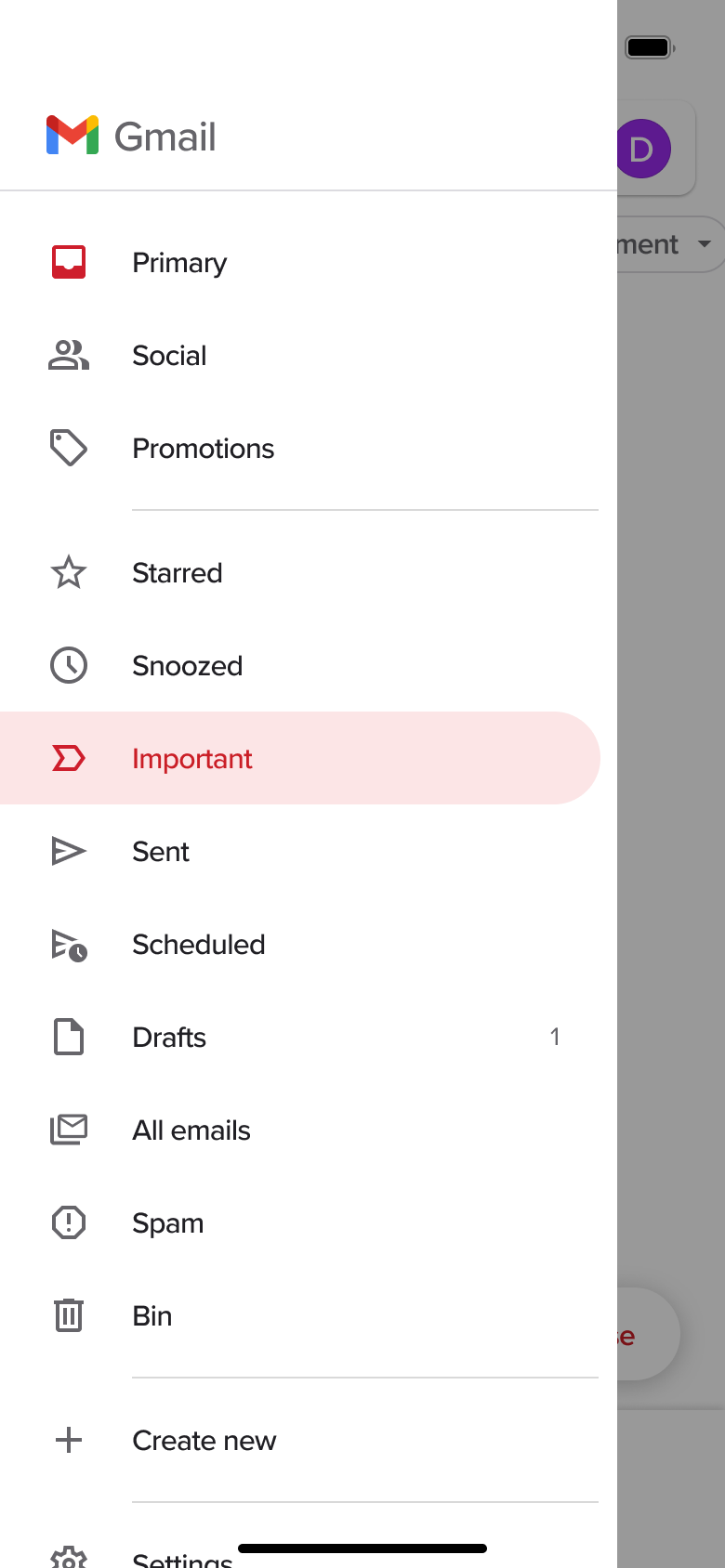 Side menu with Important folder selected and folder list.