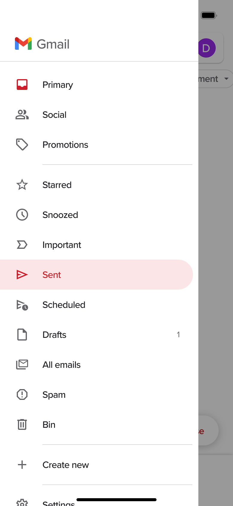 Side menu with Sent folder selected and folder list.