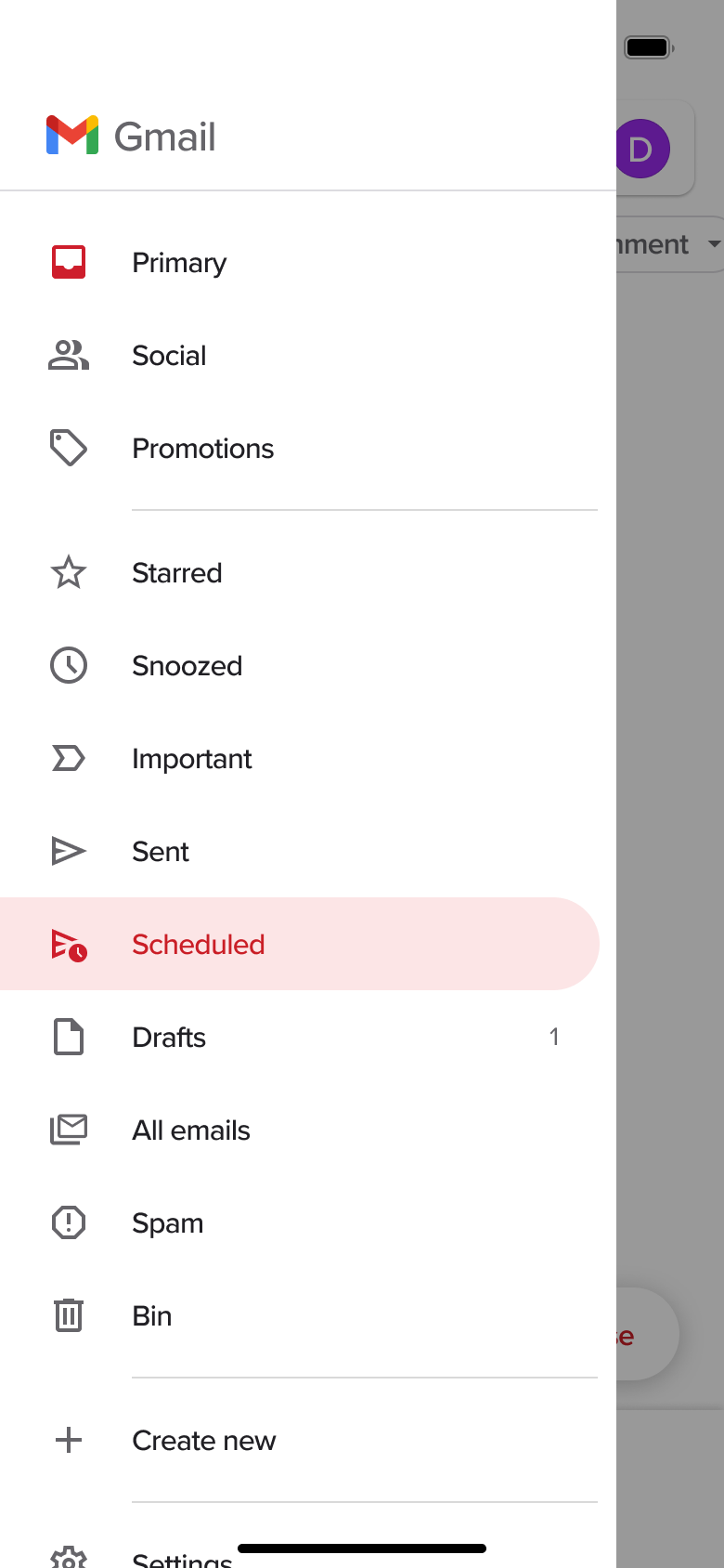 Side menu with Scheduled folder selected and folder list.