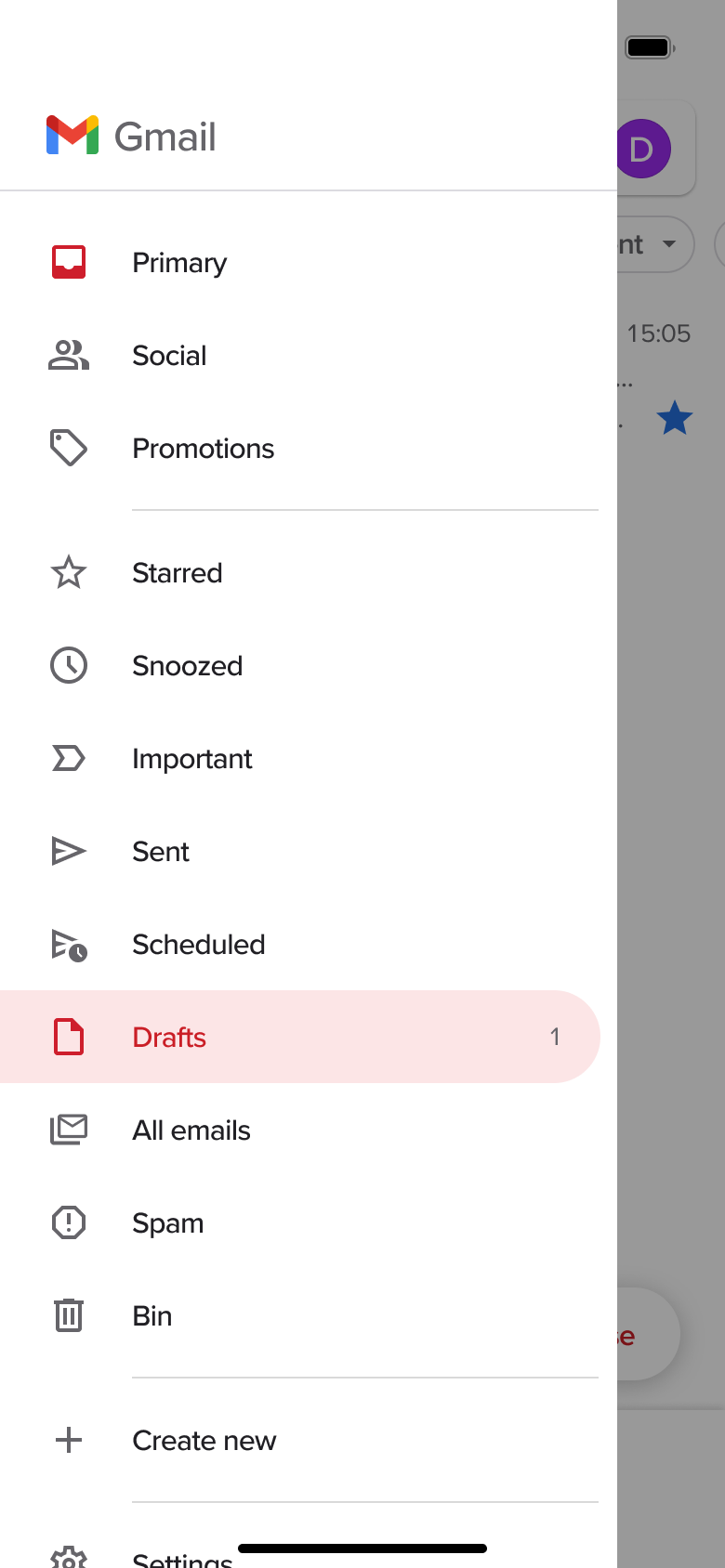 Side menu with Drafts folder selected and folder list.
