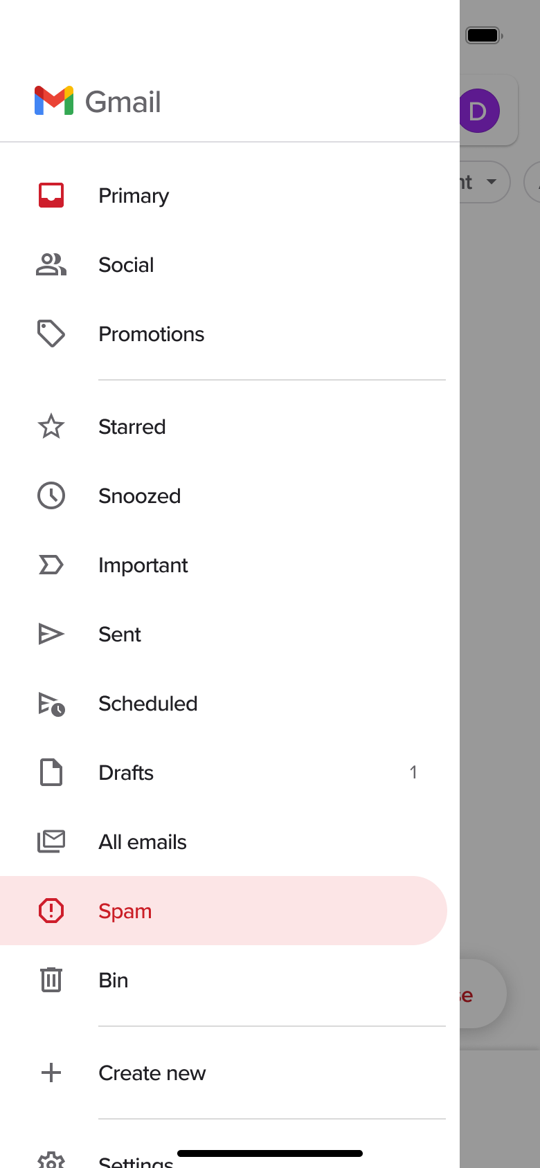 Side menu with Spam folder selected and folder list.
