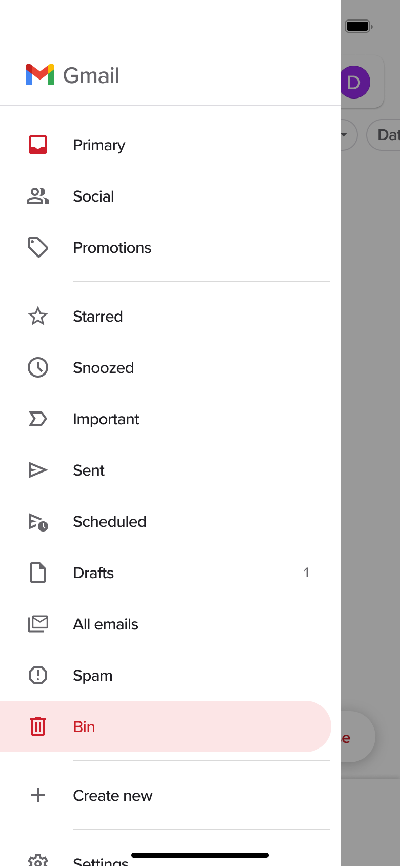 Side menu with Bin folder selected and folder list.