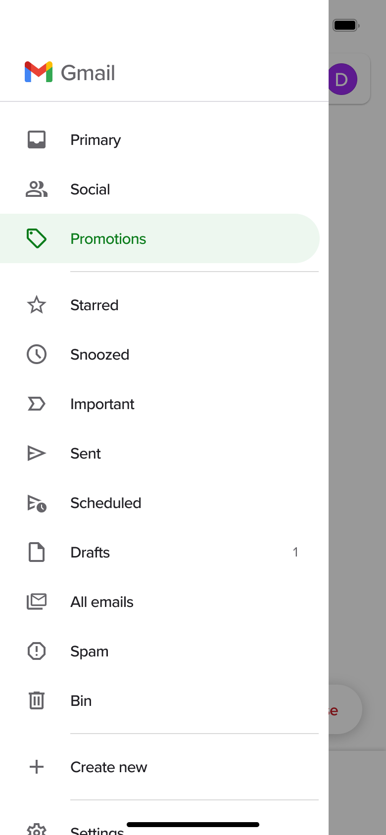 Side menu with Promotions folder selected and folder list.