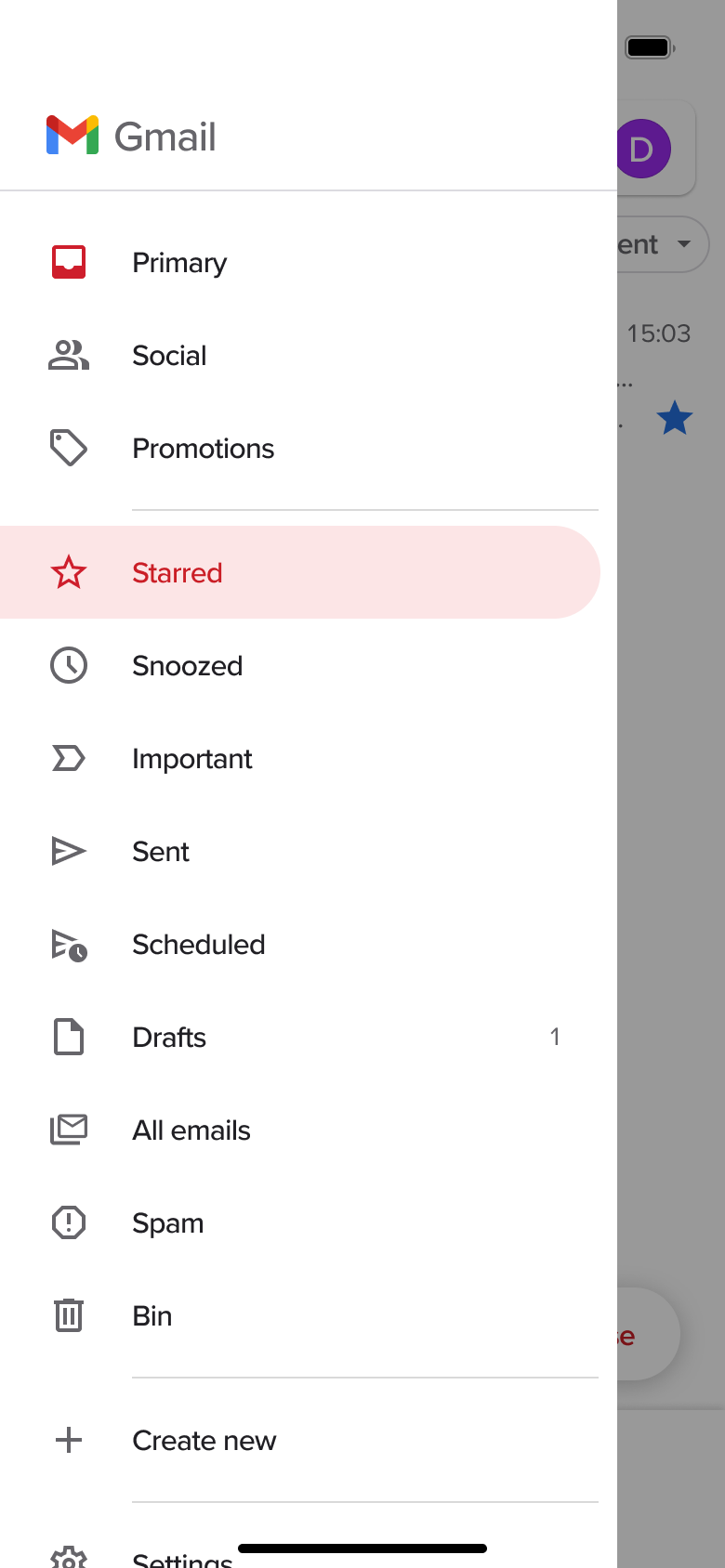 Side menu with Starred folder selected and folder list.
