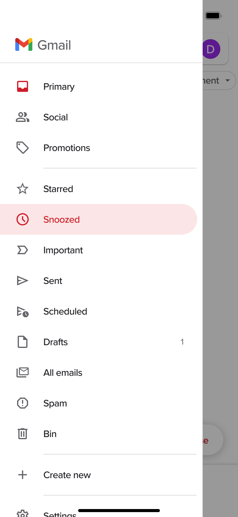 Side menu with Snoozed folder selected and folder list.
