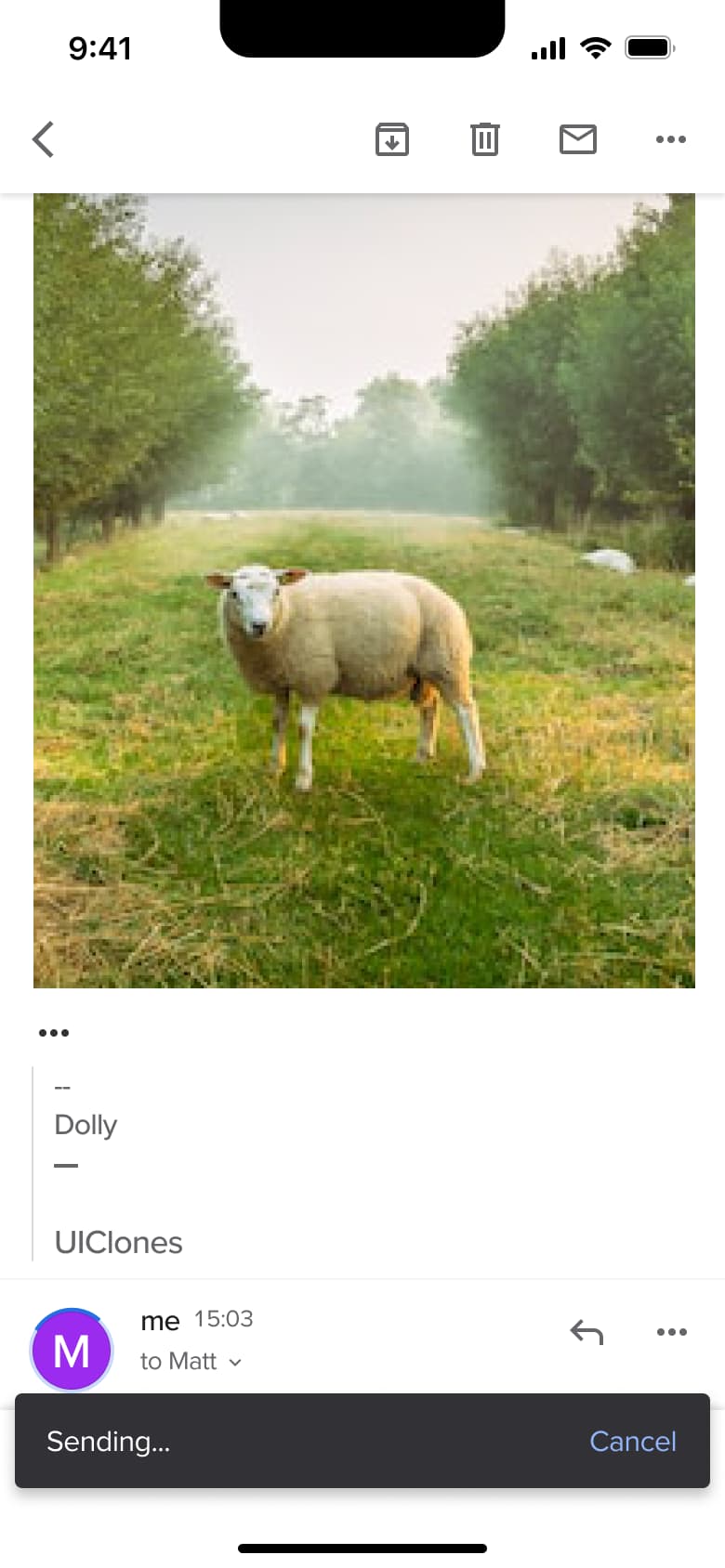 Email thread with sending toast.