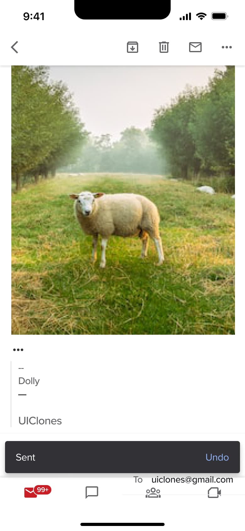 Email thread with sent toast and undo.