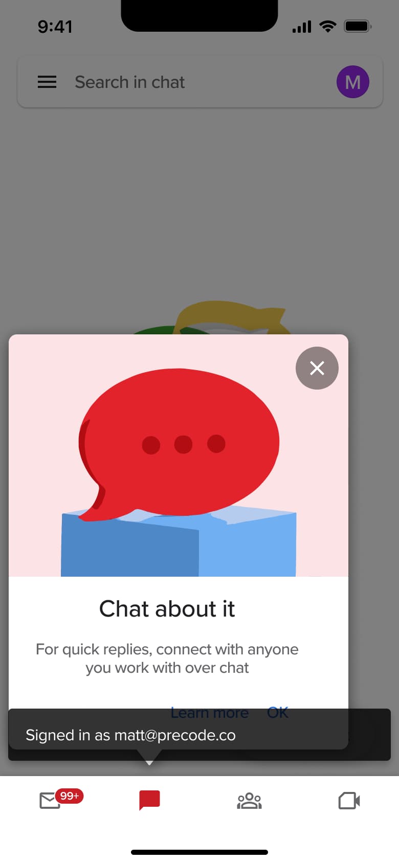 Chat about it: explainer dialog with signed in toast.