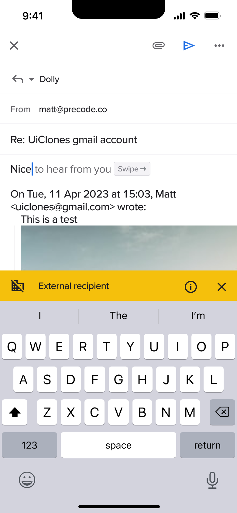 Reply typed with smart compose suggestion.
