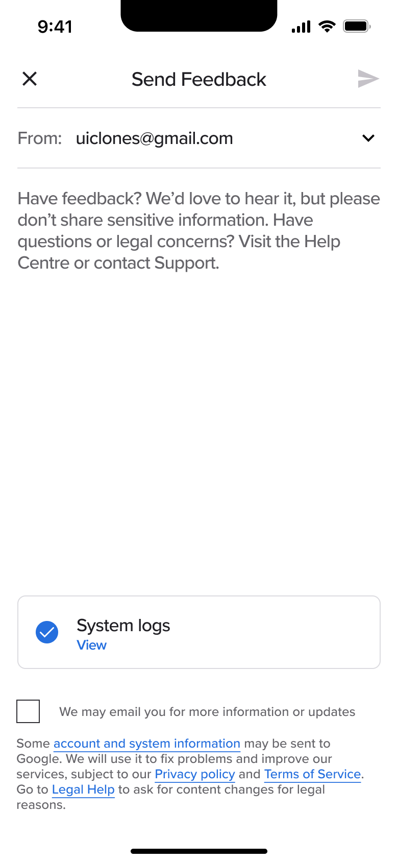 Send feedback: from, message, system logs and contact consent.