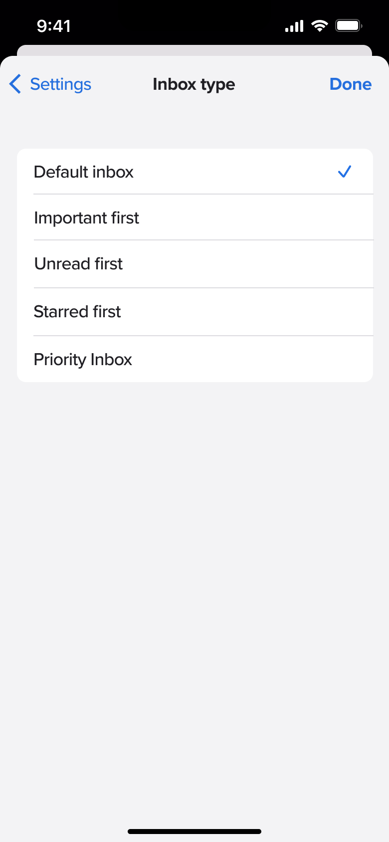 Inbox type: default, important, unread, starred or priority.