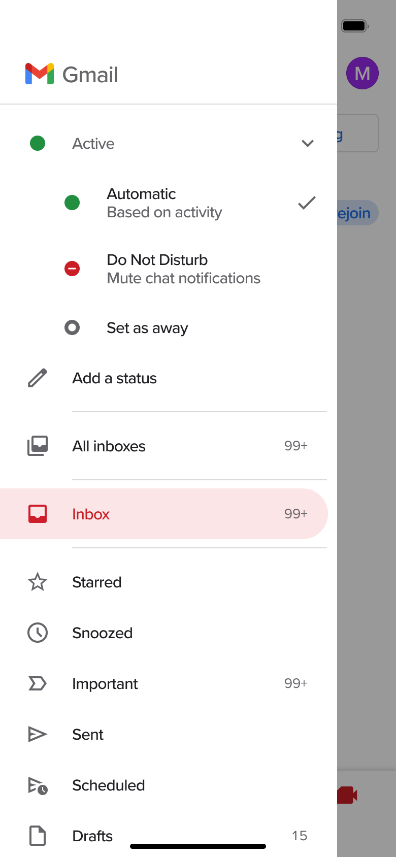 Status options: automatic, do not disturb, set as away.