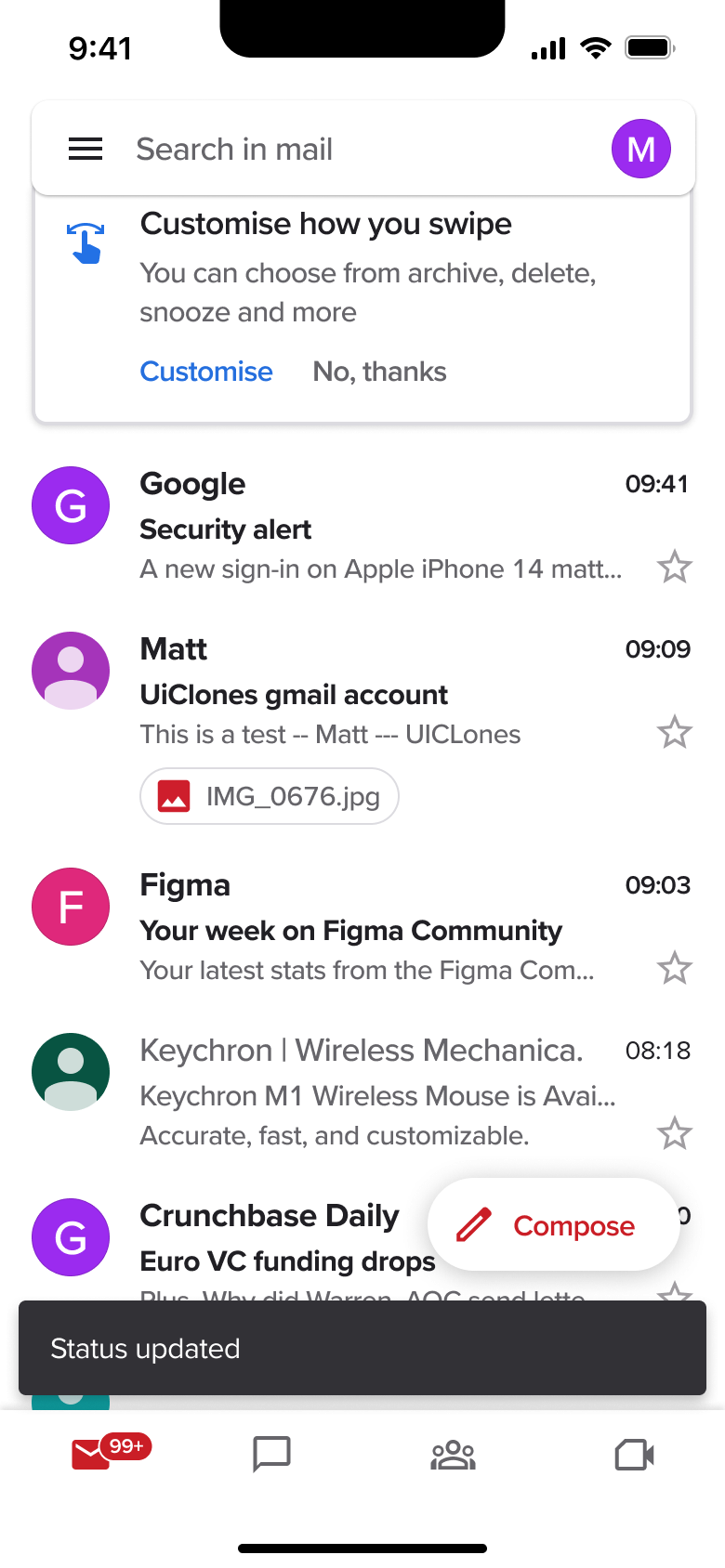 Inbox with customise swipe banner and status updated toast.