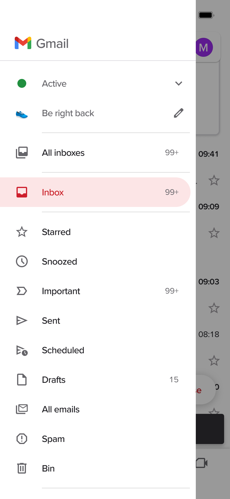 Side menu with status set and inbox selected.