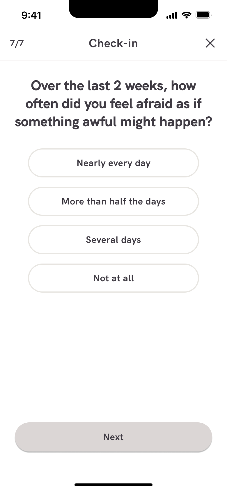Anxiety check-in: afraid something awful might happen.