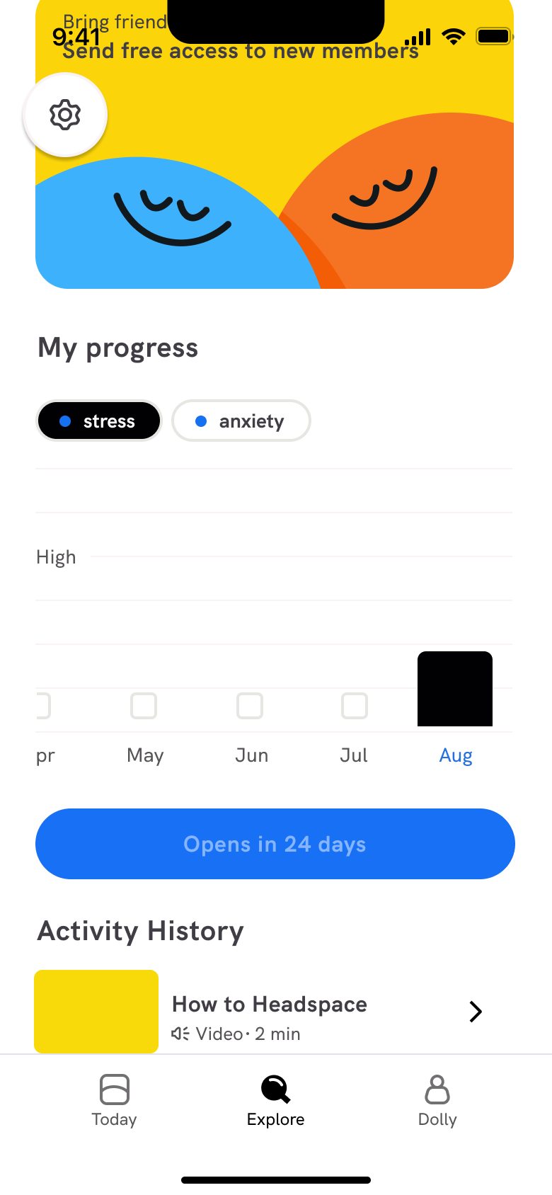 Profile progress with first stress result bar and next check-in timing.