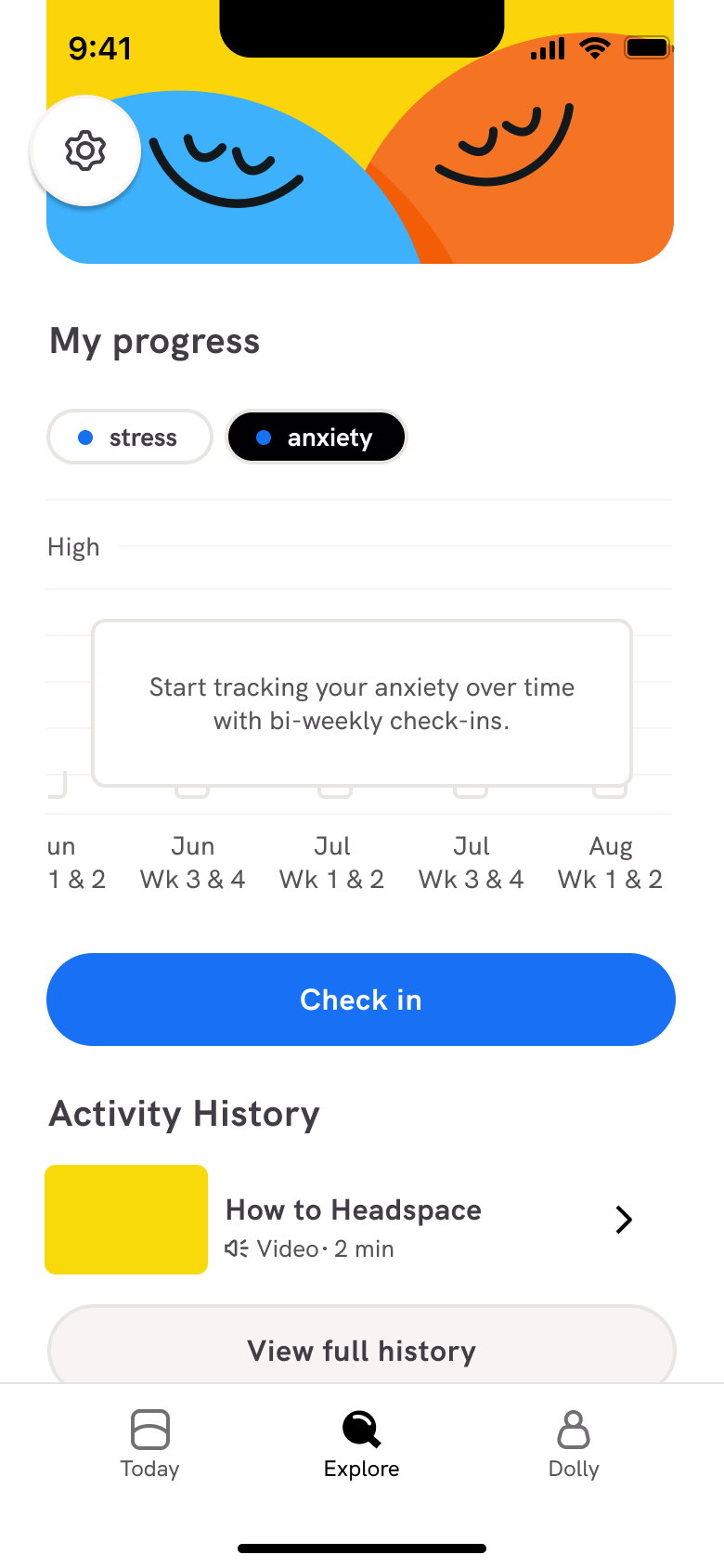 Profile progress: anxiety tab with bi-weekly chart.