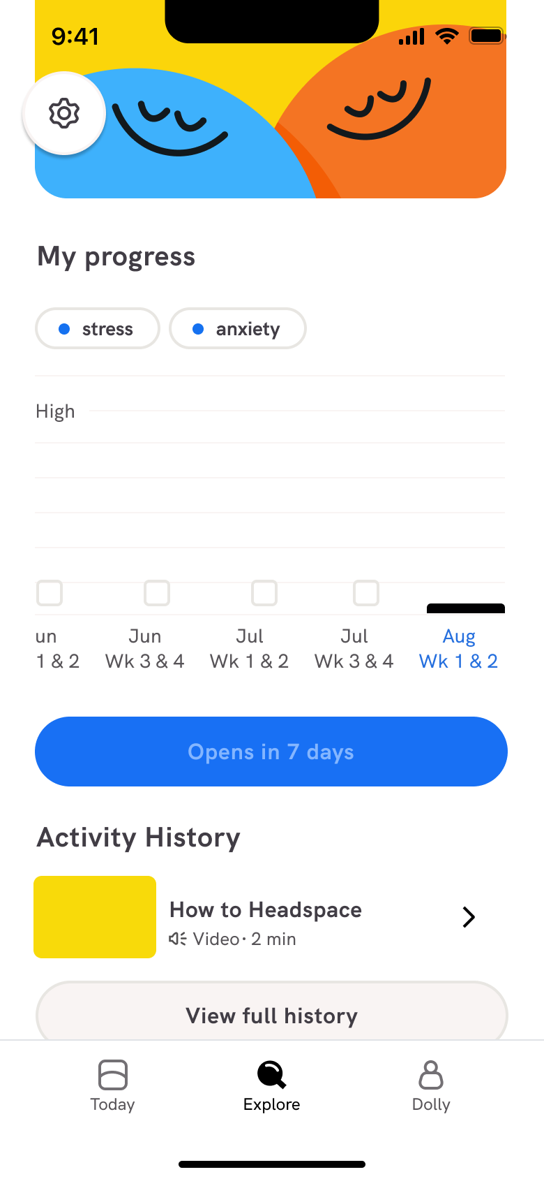 Profile anxiety progress with next check-in in seven days.